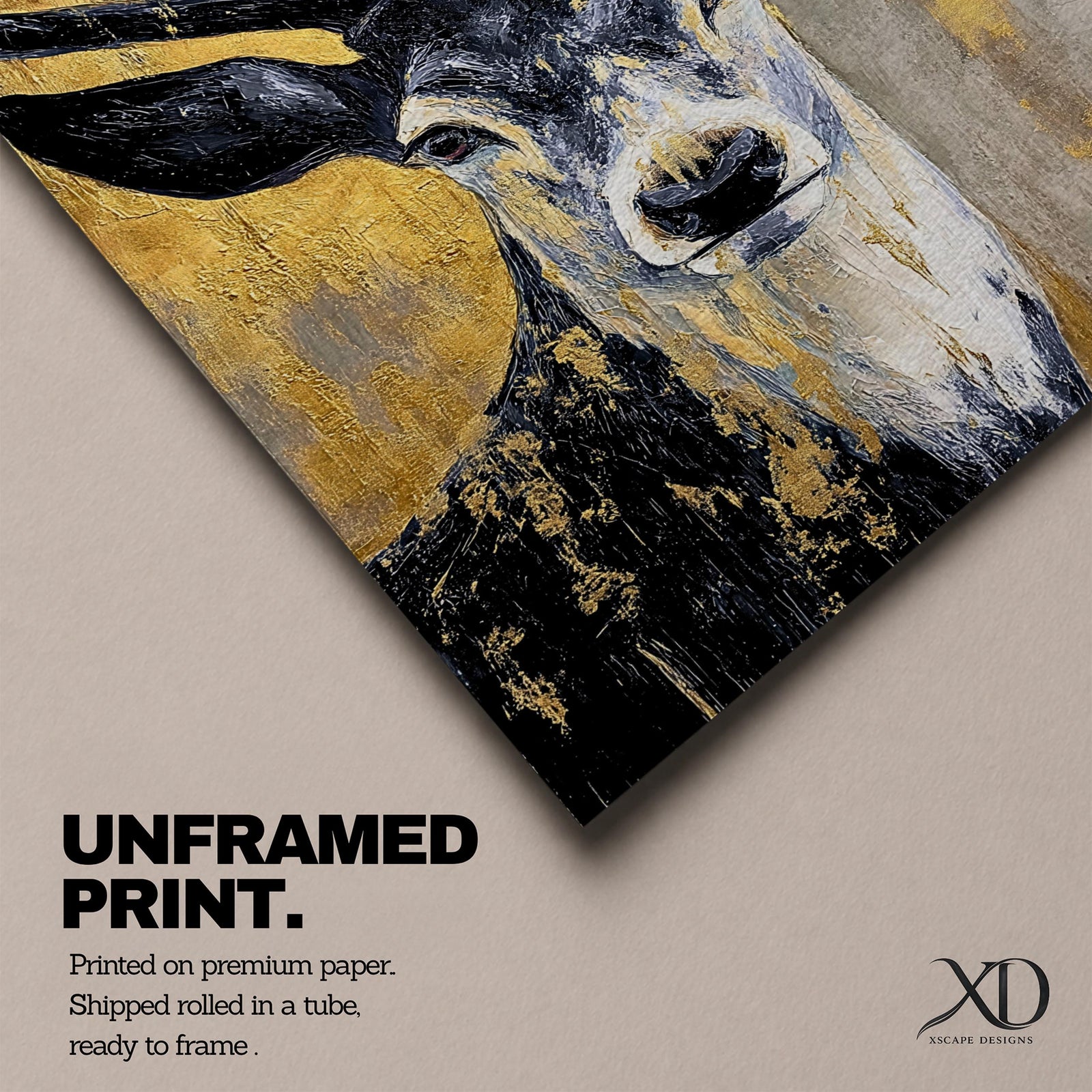 A textured impasto painting of a deer with prominent antlers and expressive eyes set against a gold and gray background. The artwork features thick brushstrokes and a bold contrast between dark and light areas, emphasizing the animal’s face and upper body in a striking, modern style.
