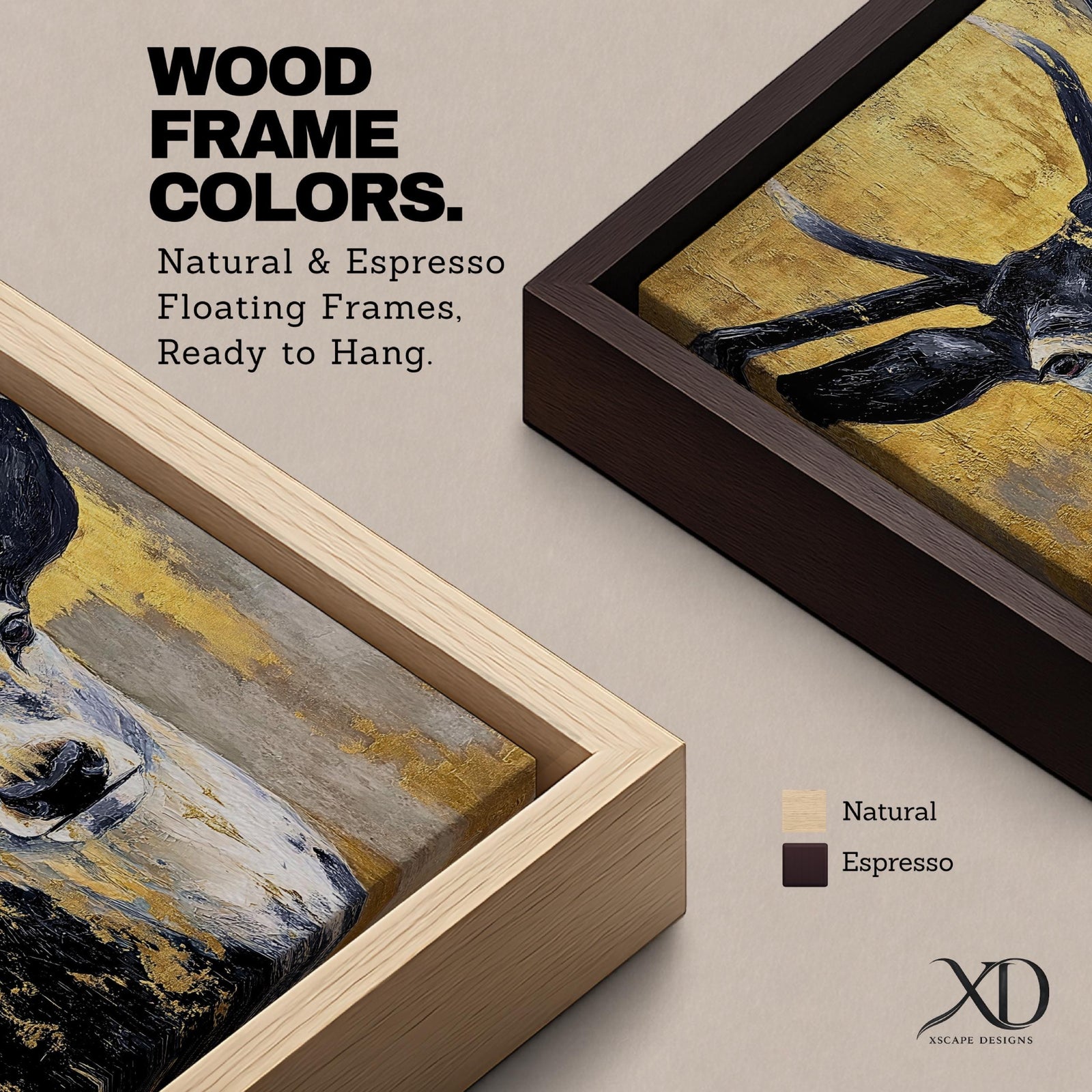 A textured impasto painting of a deer with prominent antlers and expressive eyes set against a gold and gray background. The artwork features thick brushstrokes and a bold contrast between dark and light areas, emphasizing the animal’s face and upper body in a striking, modern style.