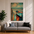 Transform your space with this Boat Wall Art, featuring a weathered blue fishing boat resting along a tranquil shoreline with vibrant coastal reflections. Rich abstract textures and calming ocean hues create a timeless canvas print for beach houses, lake homes, and coastal-inspired interiors.