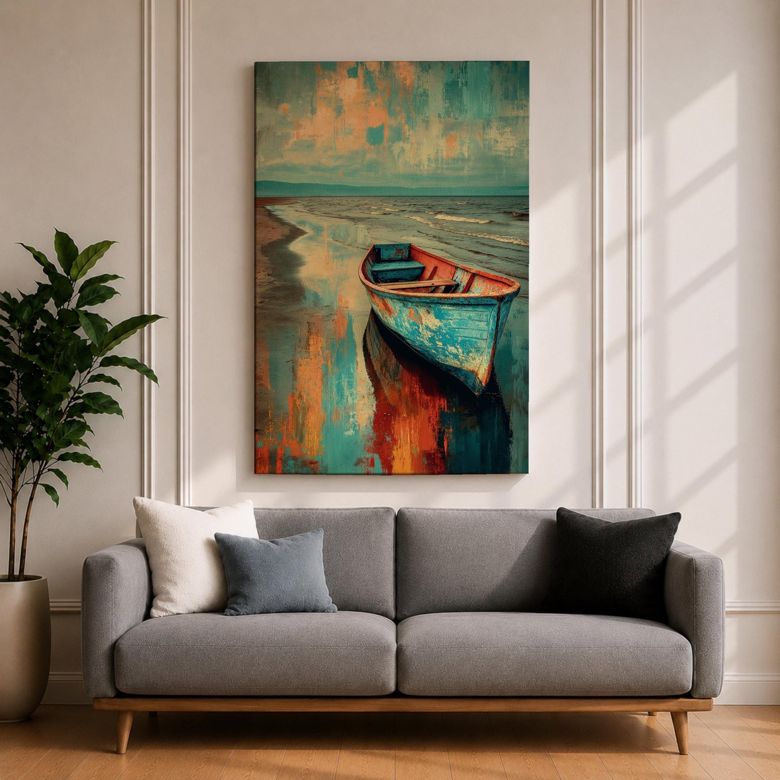 Transform your space with this Boat Wall Art, featuring a weathered blue fishing boat resting along a tranquil shoreline with vibrant coastal reflections. Rich abstract textures and calming ocean hues create a timeless canvas print for beach houses, lake homes, and coastal-inspired interiors.