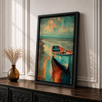 Transform your space with this Boat Wall Art, featuring a weathered blue fishing boat resting along a tranquil shoreline with vibrant coastal reflections. Rich abstract textures and calming ocean hues create a timeless canvas print for beach houses, lake homes, and coastal-inspired interiors.