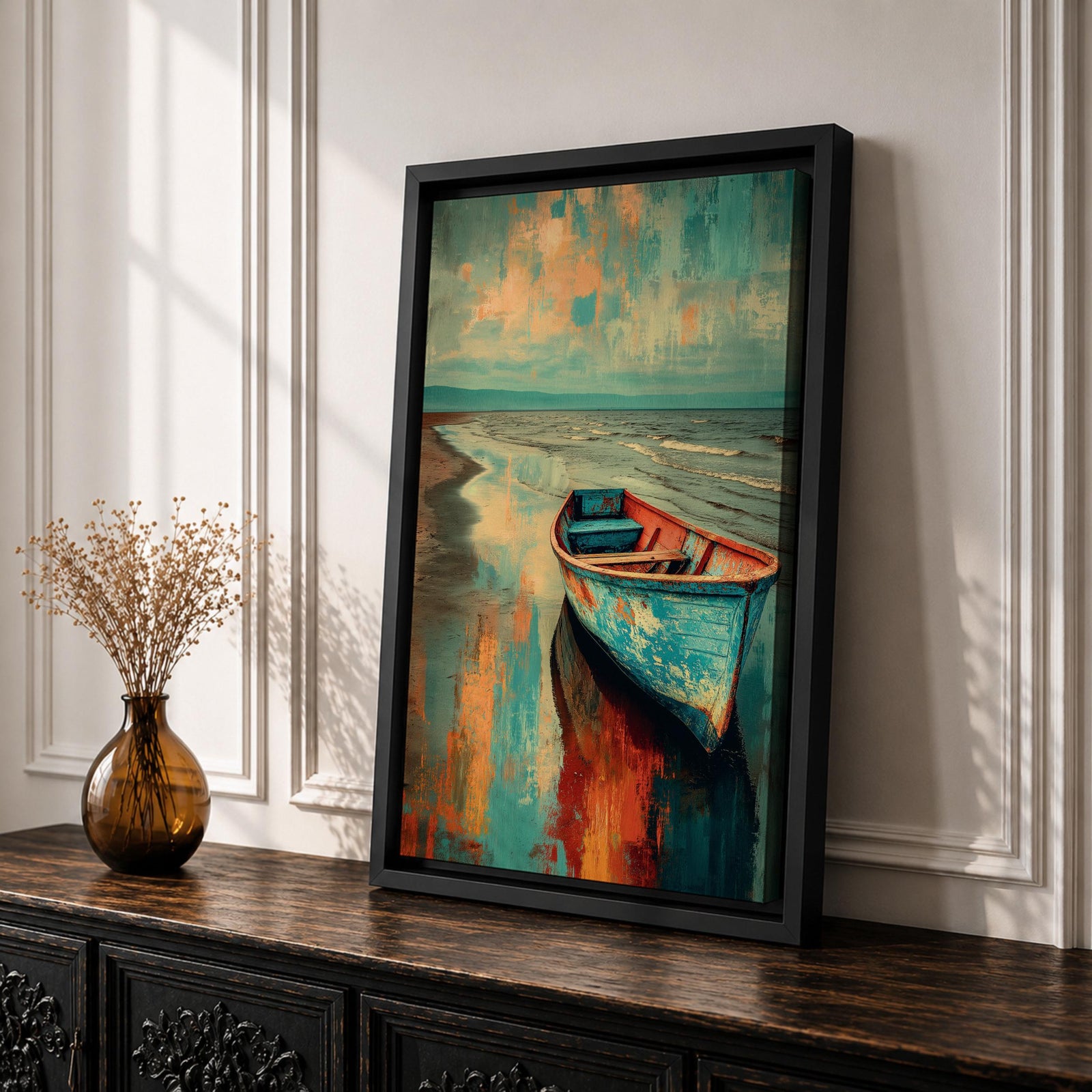 Transform your space with this Boat Wall Art, featuring a weathered blue fishing boat resting along a tranquil shoreline with vibrant coastal reflections. Rich abstract textures and calming ocean hues create a timeless canvas print for beach houses, lake homes, and coastal-inspired interiors.