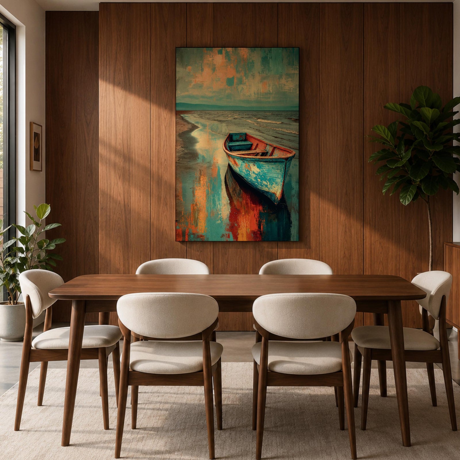 Transform your space with this Boat Wall Art, featuring a weathered blue fishing boat resting along a tranquil shoreline with vibrant coastal reflections. Rich abstract textures and calming ocean hues create a timeless canvas print for beach houses, lake homes, and coastal-inspired interiors.