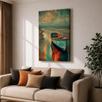 Transform your space with this Boat Wall Art, featuring a weathered blue fishing boat resting along a tranquil shoreline with vibrant coastal reflections. Rich abstract textures and calming ocean hues create a timeless canvas print for beach houses, lake homes, and coastal-inspired interiors.