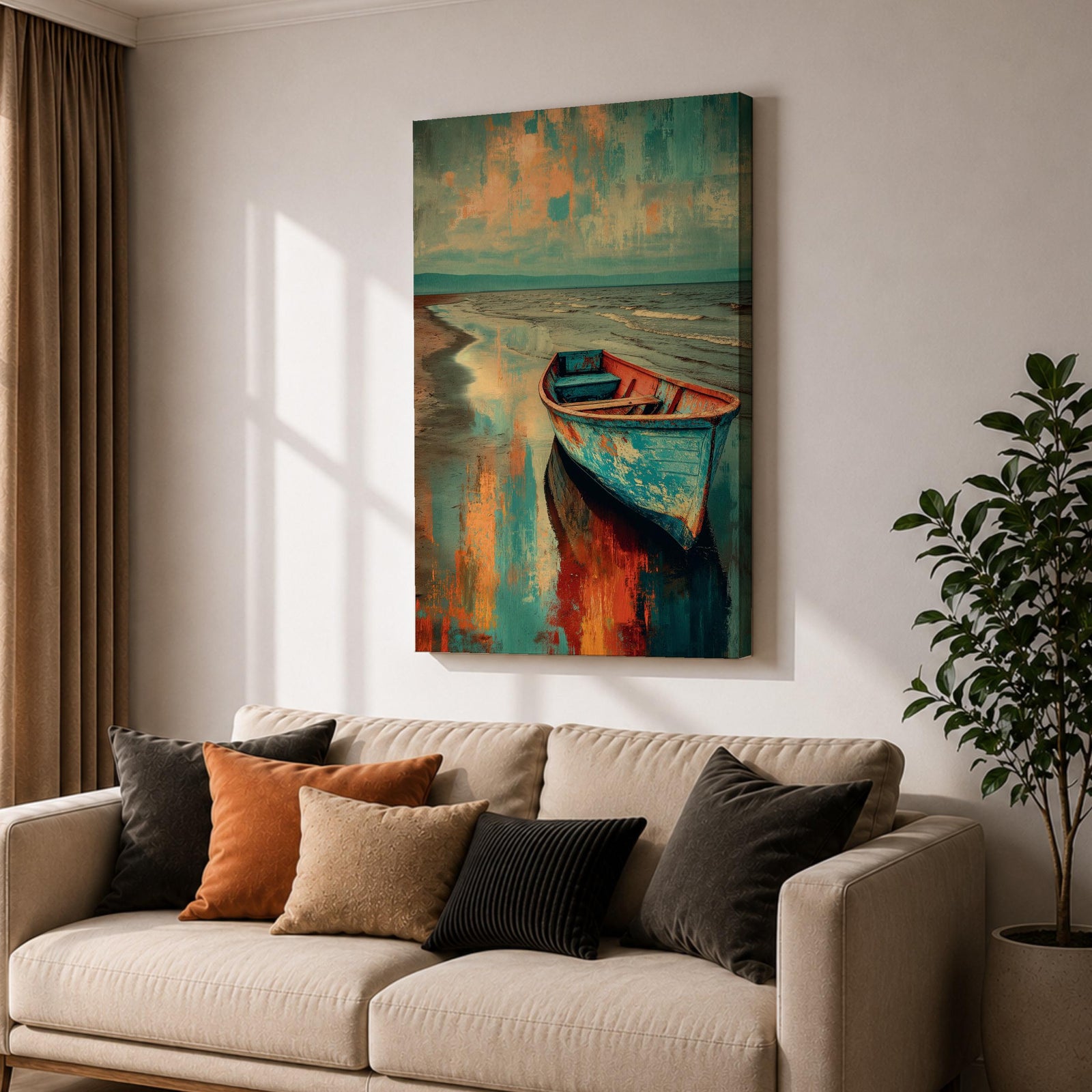 Transform your space with this Boat Wall Art, featuring a weathered blue fishing boat resting along a tranquil shoreline with vibrant coastal reflections. Rich abstract textures and calming ocean hues create a timeless canvas print for beach houses, lake homes, and coastal-inspired interiors.