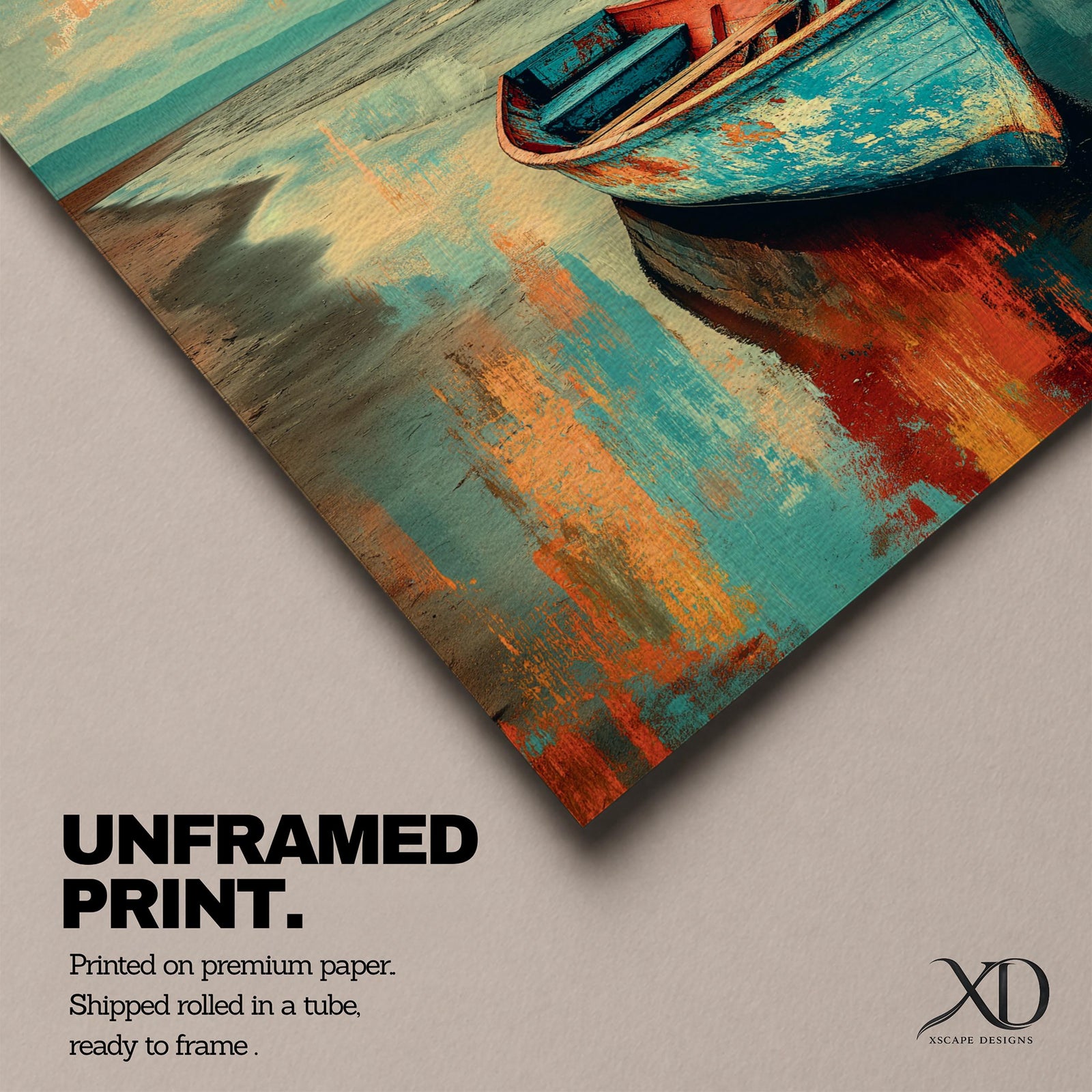 Transform your space with this Boat Wall Art, featuring a weathered blue fishing boat resting along a tranquil shoreline with vibrant coastal reflections. Rich abstract textures and calming ocean hues create a timeless canvas print for beach houses, lake homes, and coastal-inspired interiors.