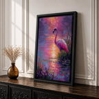 This impasto style painting features a flamingo standing gracefully by the water’s edge surrounded by lush tropical flowers. The vibrant brushstrokes create a textured, colorful scene capturing the bird’s elegant posture and the reflective water surface in a vivid animal-themed composition.