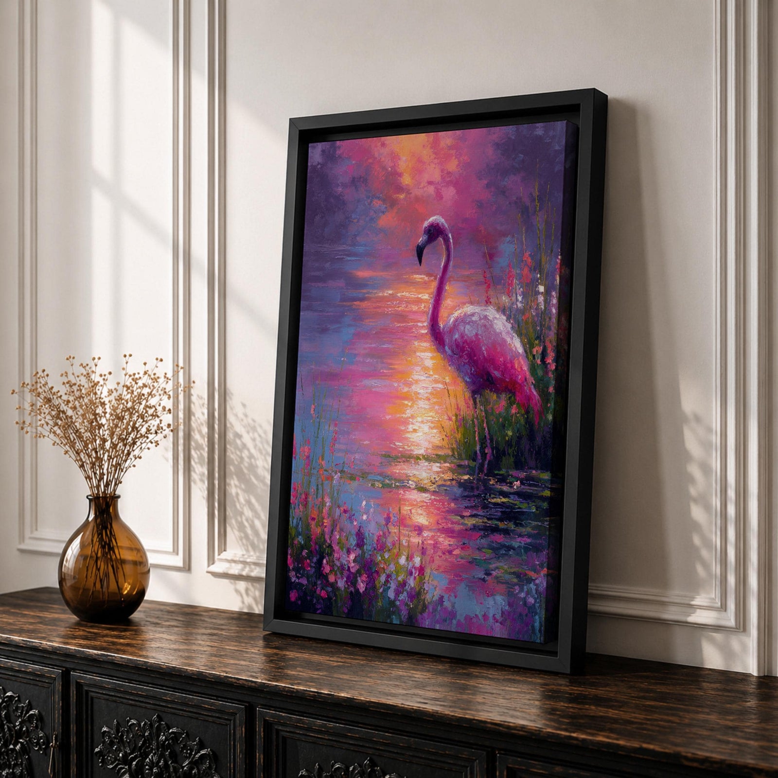 This impasto style painting features a flamingo standing gracefully by the water’s edge surrounded by lush tropical flowers. The vibrant brushstrokes create a textured, colorful scene capturing the bird’s elegant posture and the reflective water surface in a vivid animal-themed composition.