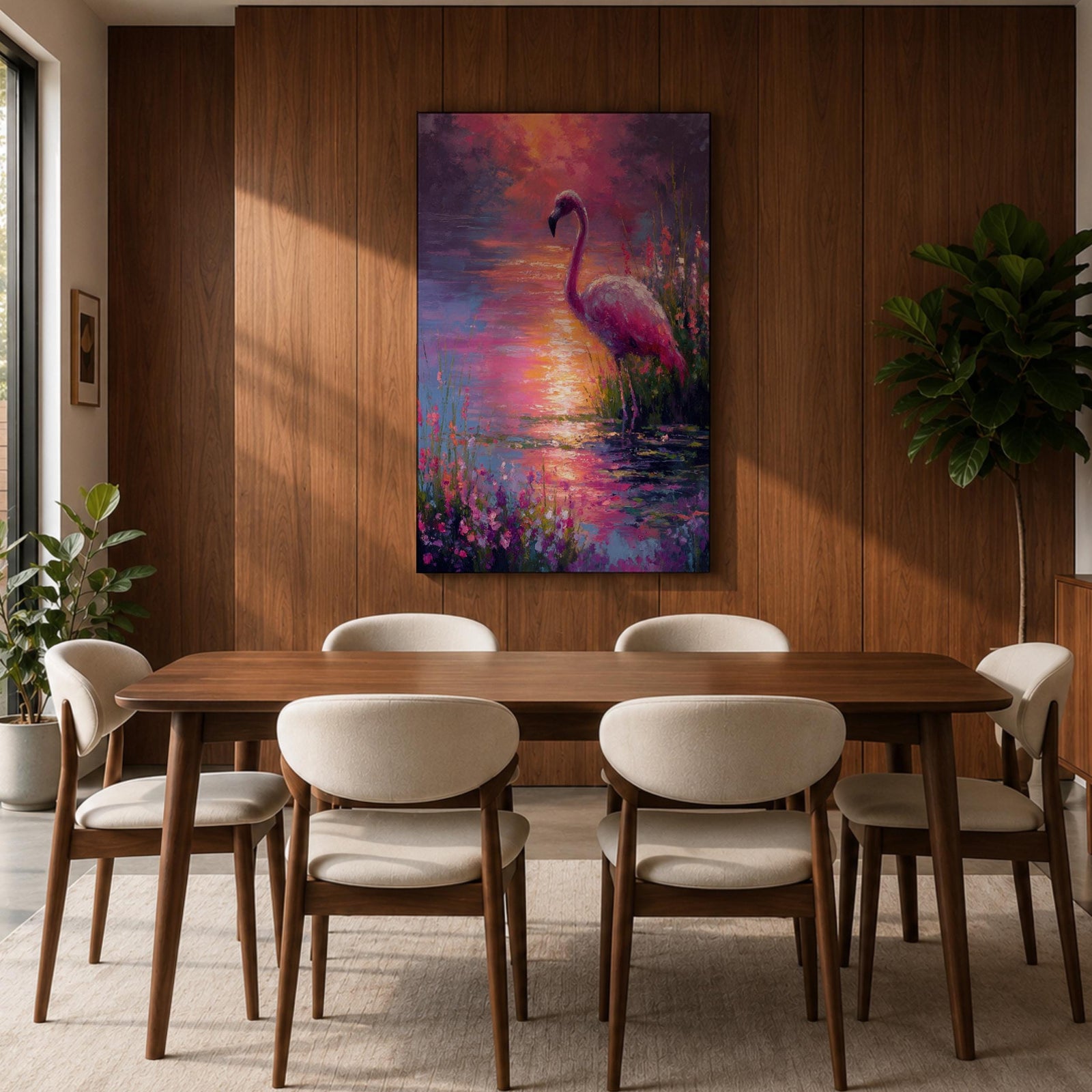 This impasto style painting features a flamingo standing gracefully by the water’s edge surrounded by lush tropical flowers. The vibrant brushstrokes create a textured, colorful scene capturing the bird’s elegant posture and the reflective water surface in a vivid animal-themed composition.