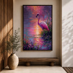This impasto style painting features a flamingo standing gracefully by the water’s edge surrounded by lush tropical flowers. The vibrant brushstrokes create a textured, colorful scene capturing the bird’s elegant posture and the reflective water surface in a vivid animal-themed composition.