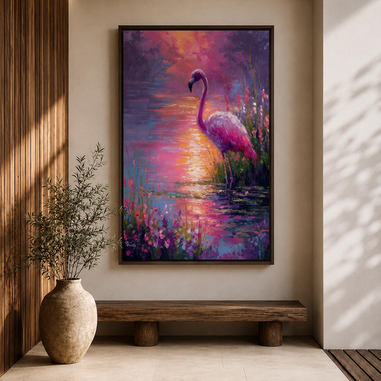 This impasto style painting features a flamingo standing gracefully by the water’s edge surrounded by lush tropical flowers. The vibrant brushstrokes create a textured, colorful scene capturing the bird’s elegant posture and the reflective water surface in a vivid animal-themed composition.