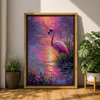 This impasto style painting features a flamingo standing gracefully by the water’s edge surrounded by lush tropical flowers. The vibrant brushstrokes create a textured, colorful scene capturing the bird’s elegant posture and the reflective water surface in a vivid animal-themed composition.