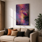 This impasto style painting features a flamingo standing gracefully by the water’s edge surrounded by lush tropical flowers. The vibrant brushstrokes create a textured, colorful scene capturing the bird’s elegant posture and the reflective water surface in a vivid animal-themed composition.