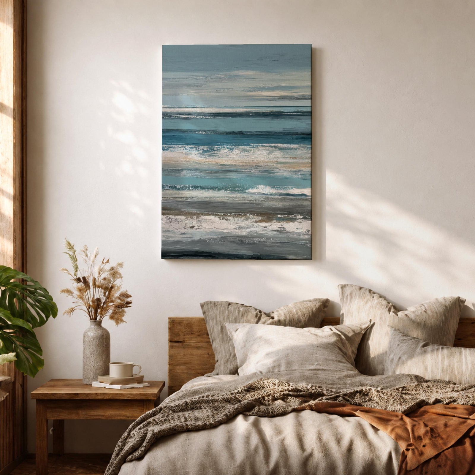 Create a calming retreat with this Ocean Wave Wall Art, featuring soft blue-gray coastal tones and layered abstract seascape textures. This serene canvas print captures the peaceful rhythm of the ocean, making it a beautiful addition to beach homes, bedrooms, living rooms, or coastal-inspired interiors.