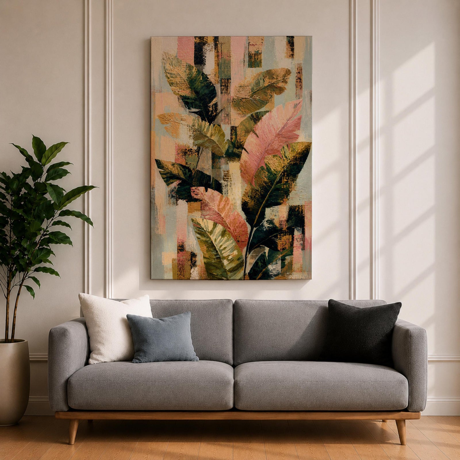 Sophisticated tropical leaves wall art featuring banana plant foliage in soft blush pink, sage green, cream, and gold tones. Modern botanical artwork with layered textures, abstract geometric elements, and elegant organic forms, perfect for contemporary, boho, and neutral home decor.
