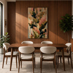 Sophisticated tropical leaves wall art featuring banana plant foliage in soft blush pink, sage green, cream, and gold tones. Modern botanical artwork with layered textures, abstract geometric elements, and elegant organic forms, perfect for contemporary, boho, and neutral home decor.