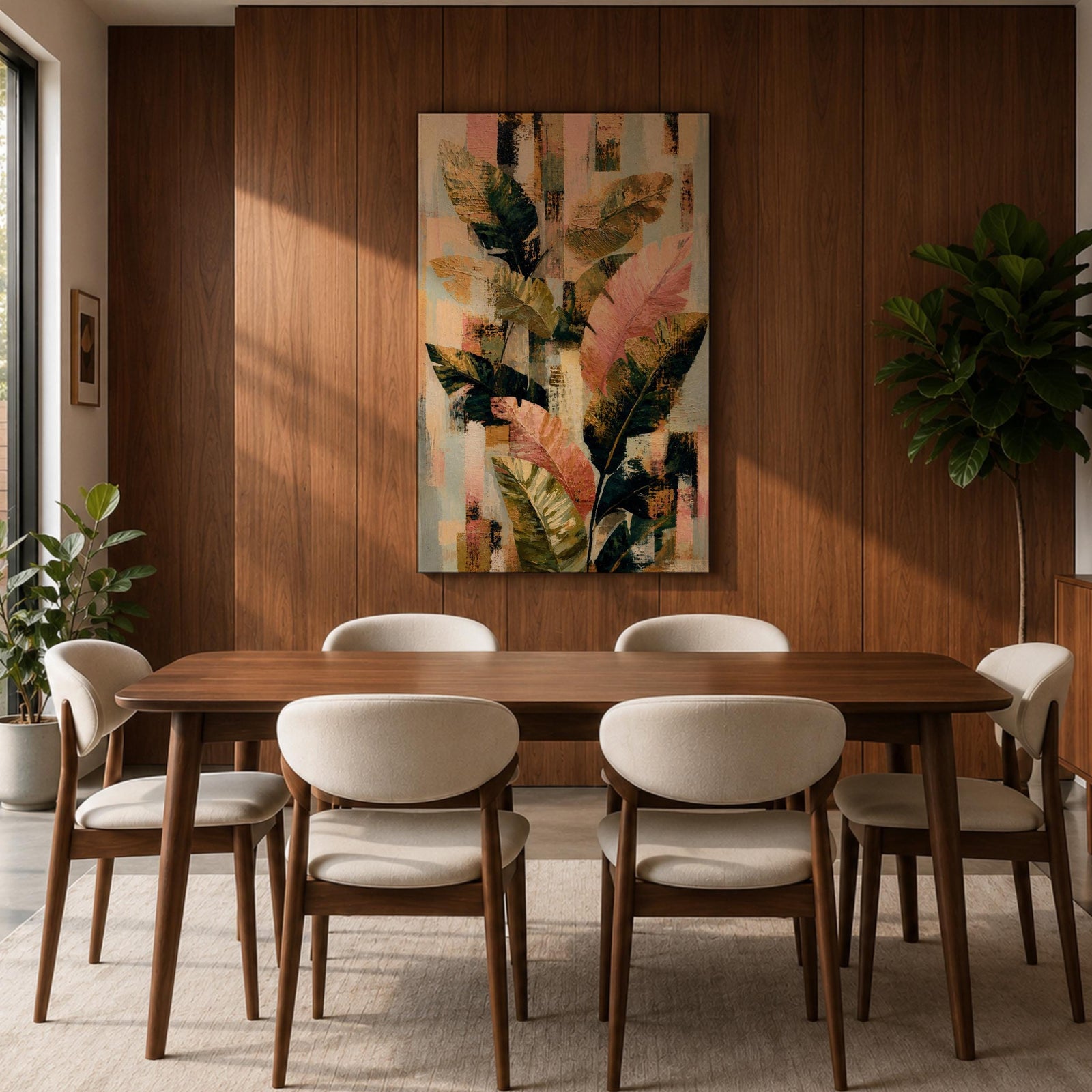 Sophisticated tropical leaves wall art featuring banana plant foliage in soft blush pink, sage green, cream, and gold tones. Modern botanical artwork with layered textures, abstract geometric elements, and elegant organic forms, perfect for contemporary, boho, and neutral home decor.