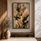 Sophisticated tropical leaves wall art featuring banana plant foliage in soft blush pink, sage green, cream, and gold tones. Modern botanical artwork with layered textures, abstract geometric elements, and elegant organic forms, perfect for contemporary, boho, and neutral home decor.