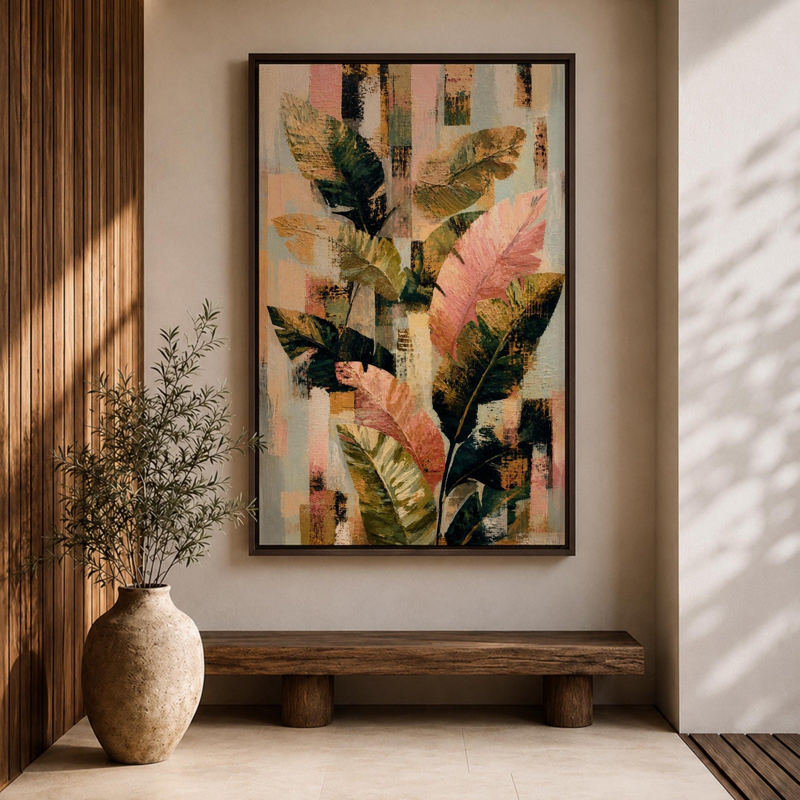 Sophisticated tropical leaves wall art featuring banana plant foliage in soft blush pink, sage green, cream, and gold tones. Modern botanical artwork with layered textures, abstract geometric elements, and elegant organic forms, perfect for contemporary, boho, and neutral home decor.