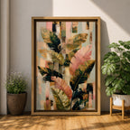 Sophisticated tropical leaves wall art featuring banana plant foliage in soft blush pink, sage green, cream, and gold tones. Modern botanical artwork with layered textures, abstract geometric elements, and elegant organic forms, perfect for contemporary, boho, and neutral home decor.