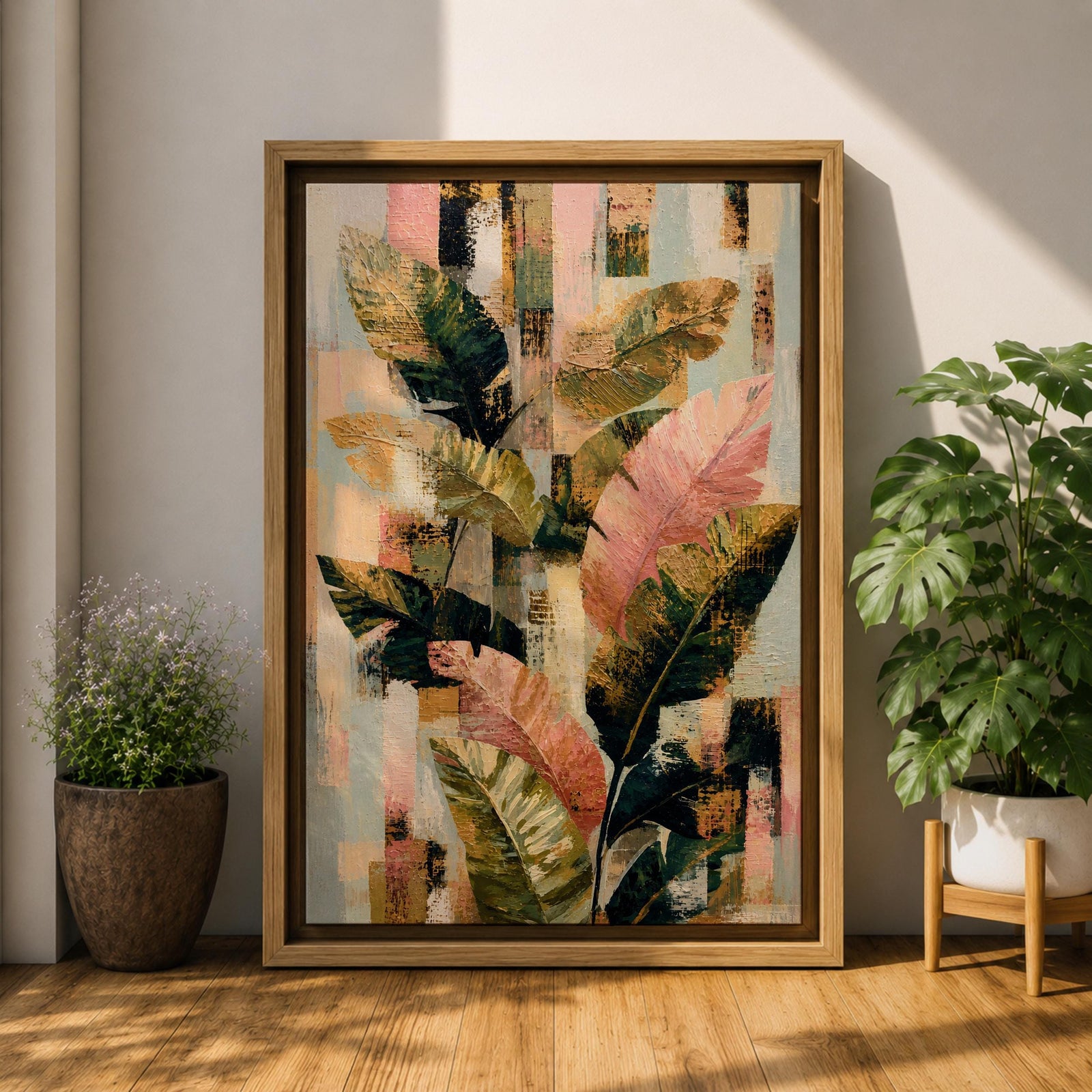 Sophisticated tropical leaves wall art featuring banana plant foliage in soft blush pink, sage green, cream, and gold tones. Modern botanical artwork with layered textures, abstract geometric elements, and elegant organic forms, perfect for contemporary, boho, and neutral home decor.