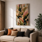 Sophisticated tropical leaves wall art featuring banana plant foliage in soft blush pink, sage green, cream, and gold tones. Modern botanical artwork with layered textures, abstract geometric elements, and elegant organic forms, perfect for contemporary, boho, and neutral home decor.