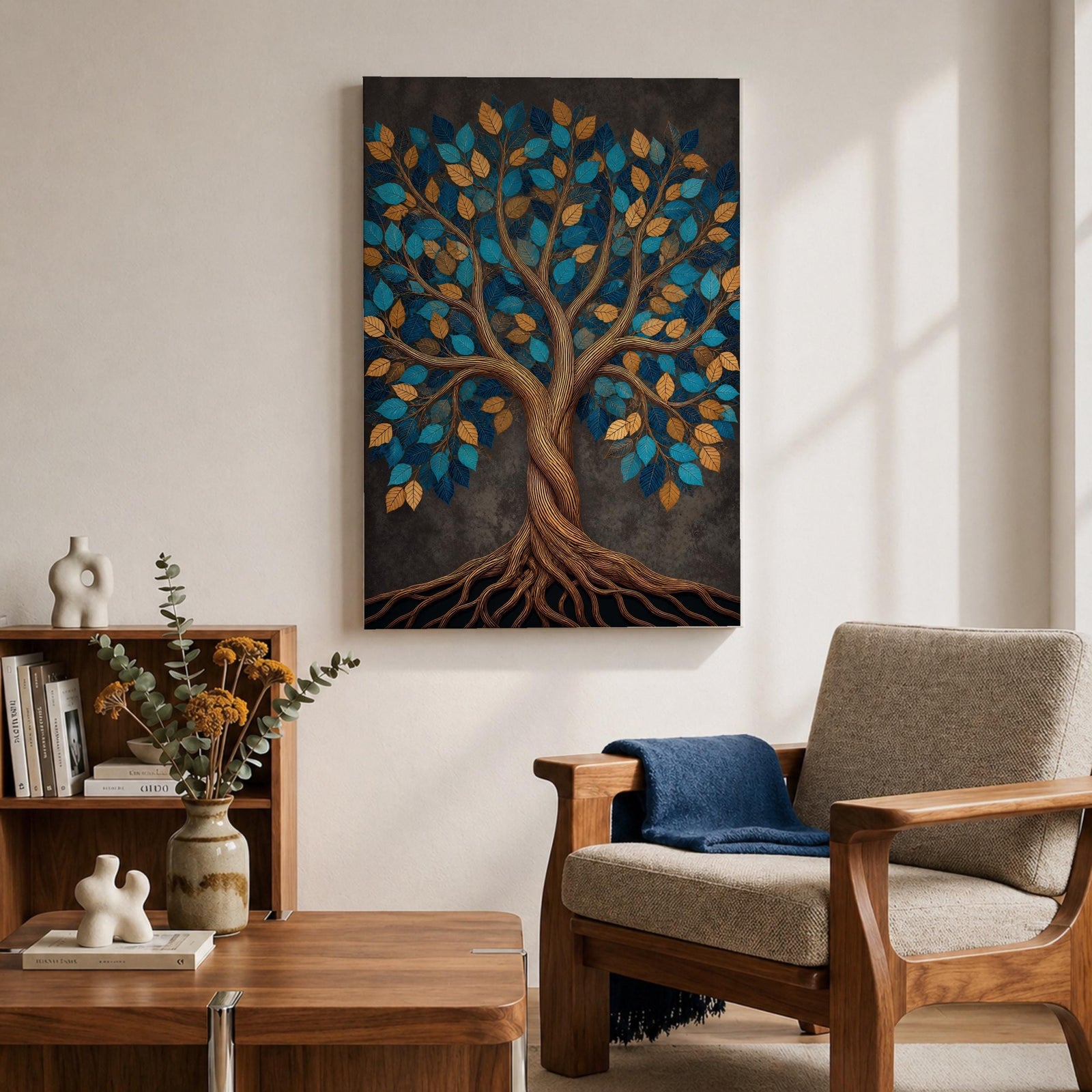 Bring harmony and elegance into your home with this Tree of Life Wall Art, featuring striking teal and gold leaves against a richly textured charcoal background. Twisting branches and intricate roots create a contemporary botanical design that symbolizes strength, growth, and connection, making it a beautiful centerpiece for spiritual and modern interiors.