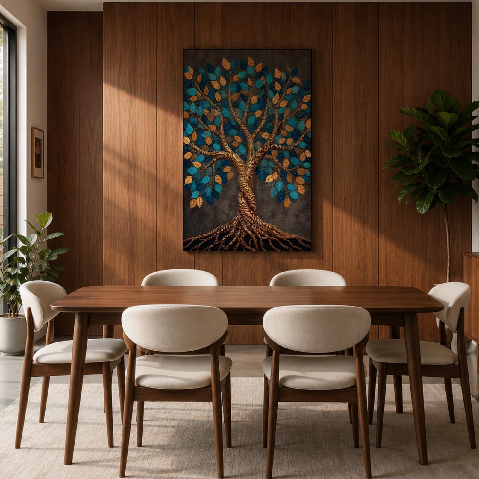 Bring harmony and elegance into your home with this Tree of Life Wall Art, featuring striking teal and gold leaves against a richly textured charcoal background. Twisting branches and intricate roots create a contemporary botanical design that symbolizes strength, growth, and connection, making it a beautiful centerpiece for spiritual and modern interiors.