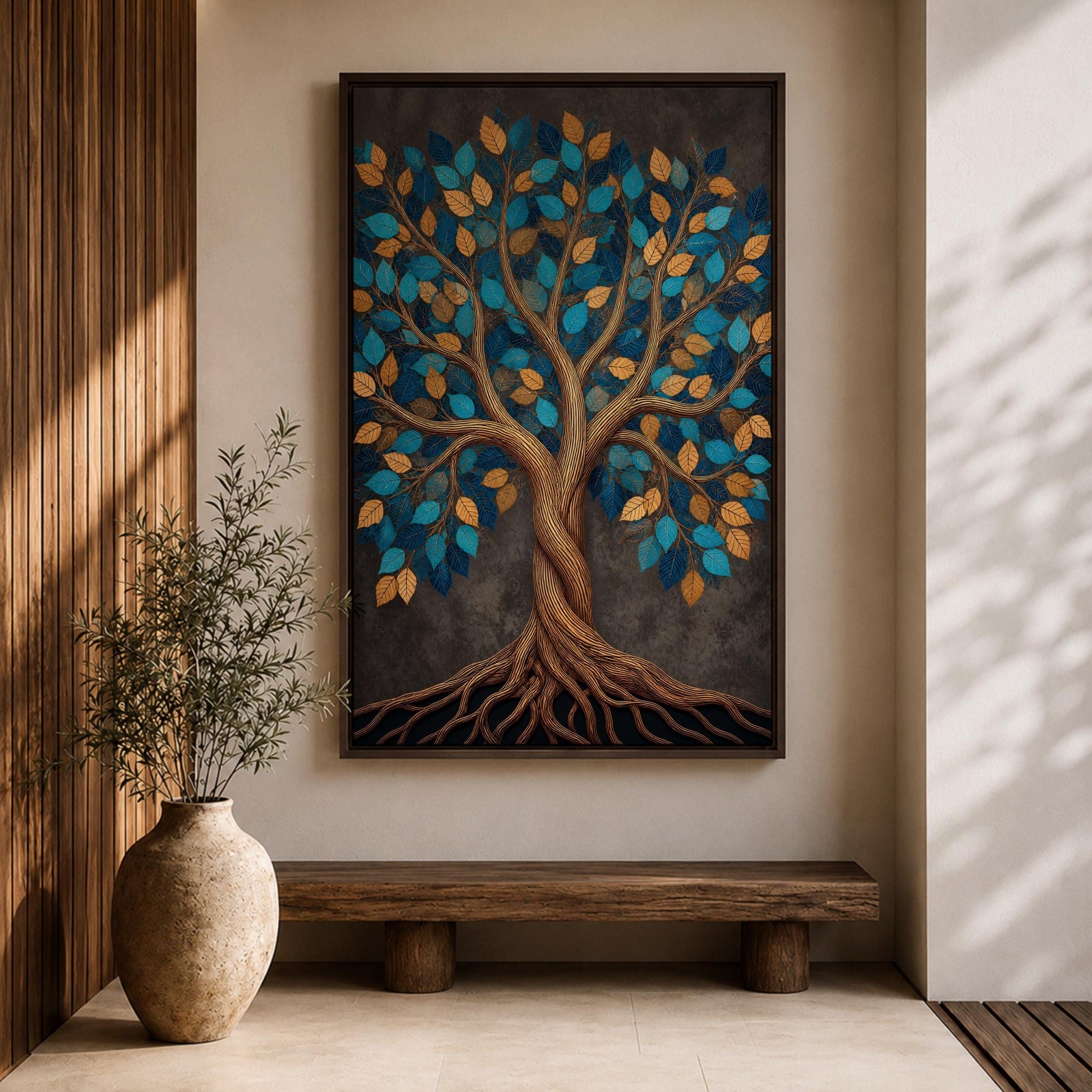 Bring harmony and elegance into your home with this Tree of Life Wall Art, featuring striking teal and gold leaves against a richly textured charcoal background. Twisting branches and intricate roots create a contemporary botanical design that symbolizes strength, growth, and connection, making it a beautiful centerpiece for spiritual and modern interiors.