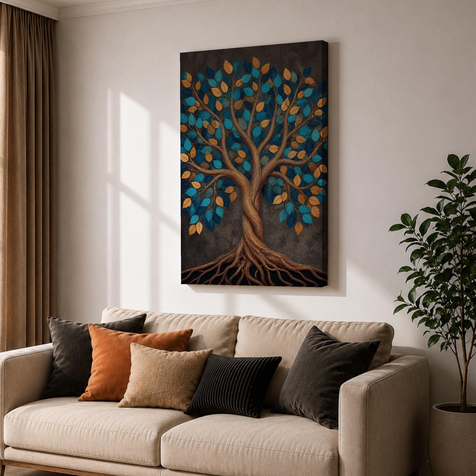 Bring harmony and elegance into your home with this Tree of Life Wall Art, featuring striking teal and gold leaves against a richly textured charcoal background. Twisting branches and intricate roots create a contemporary botanical design that symbolizes strength, growth, and connection, making it a beautiful centerpiece for spiritual and modern interiors.