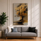 Sophisticated Tree of Life wall art featuring a radiant tree with shimmering golden leaves and flowing branches against a soft neutral background. Abstract spiritual artwork with rich gold accents, elegant textures, and symbolic themes of growth, abundance, wisdom, and renewal for modern home decor.