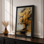 Sophisticated Tree of Life wall art featuring a radiant tree with shimmering golden leaves and flowing branches against a soft neutral background. Abstract spiritual artwork with rich gold accents, elegant textures, and symbolic themes of growth, abundance, wisdom, and renewal for modern home decor.