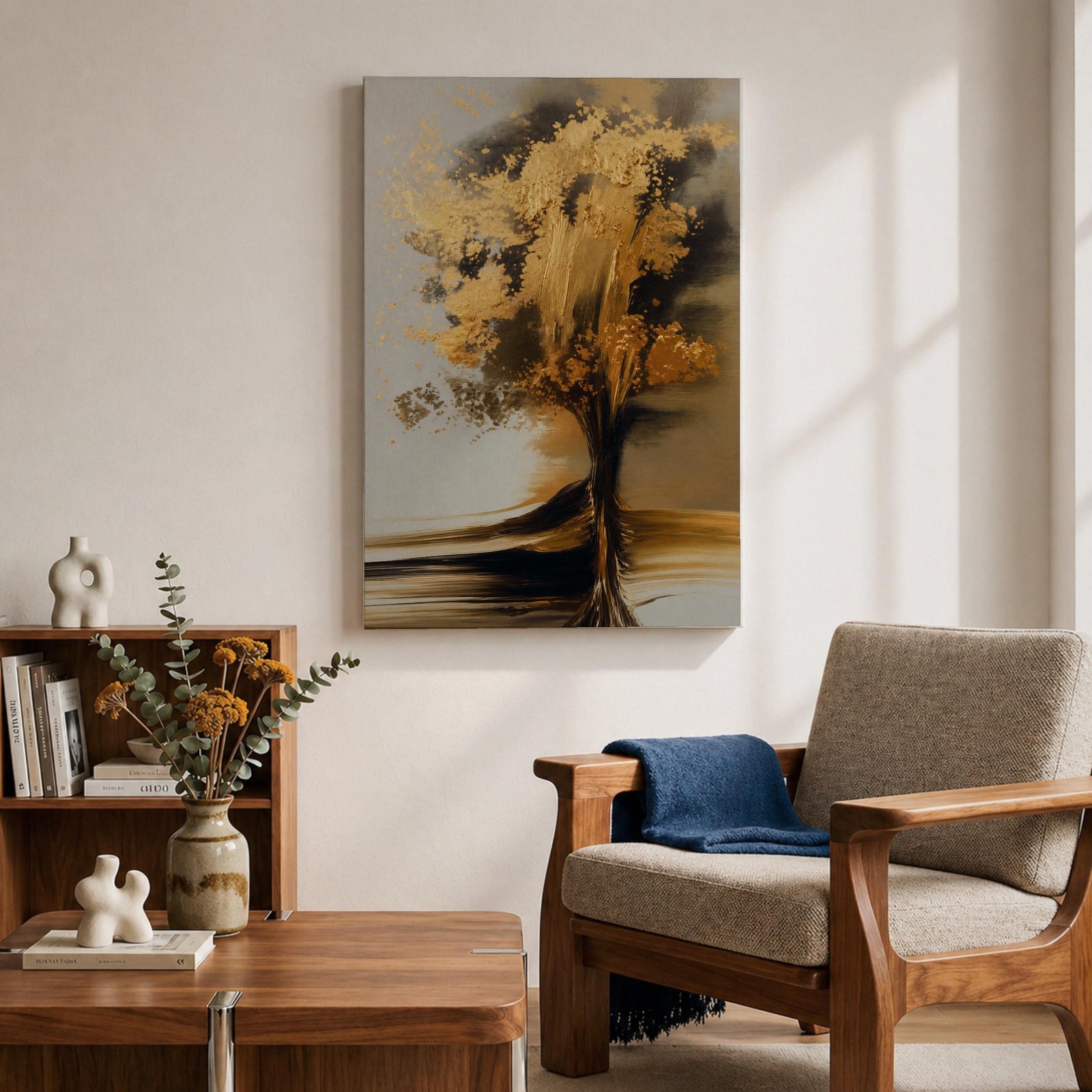 Sophisticated Tree of Life wall art featuring a radiant tree with shimmering golden leaves and flowing branches against a soft neutral background. Abstract spiritual artwork with rich gold accents, elegant textures, and symbolic themes of growth, abundance, wisdom, and renewal for modern home decor.