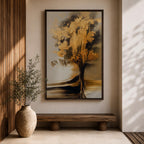 Sophisticated Tree of Life wall art featuring a radiant tree with shimmering golden leaves and flowing branches against a soft neutral background. Abstract spiritual artwork with rich gold accents, elegant textures, and symbolic themes of growth, abundance, wisdom, and renewal for modern home decor.