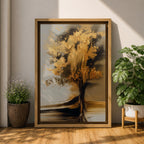 Sophisticated Tree of Life wall art featuring a radiant tree with shimmering golden leaves and flowing branches against a soft neutral background. Abstract spiritual artwork with rich gold accents, elegant textures, and symbolic themes of growth, abundance, wisdom, and renewal for modern home decor.
