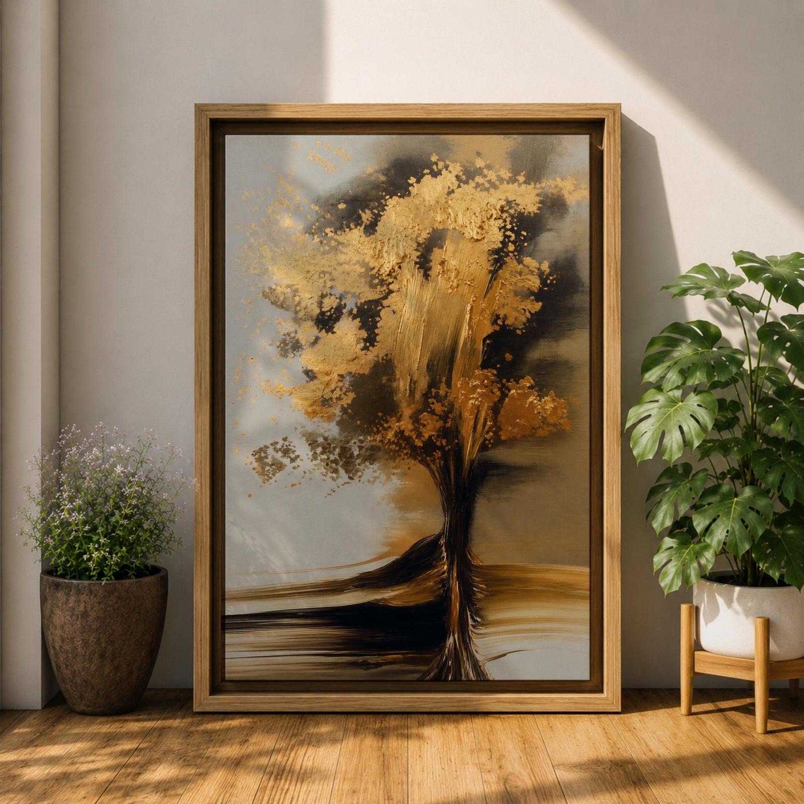 Sophisticated Tree of Life wall art featuring a radiant tree with shimmering golden leaves and flowing branches against a soft neutral background. Abstract spiritual artwork with rich gold accents, elegant textures, and symbolic themes of growth, abundance, wisdom, and renewal for modern home decor.