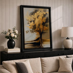 Sophisticated Tree of Life wall art featuring a radiant tree with shimmering golden leaves and flowing branches against a soft neutral background. Abstract spiritual artwork with rich gold accents, elegant textures, and symbolic themes of growth, abundance, wisdom, and renewal for modern home decor.