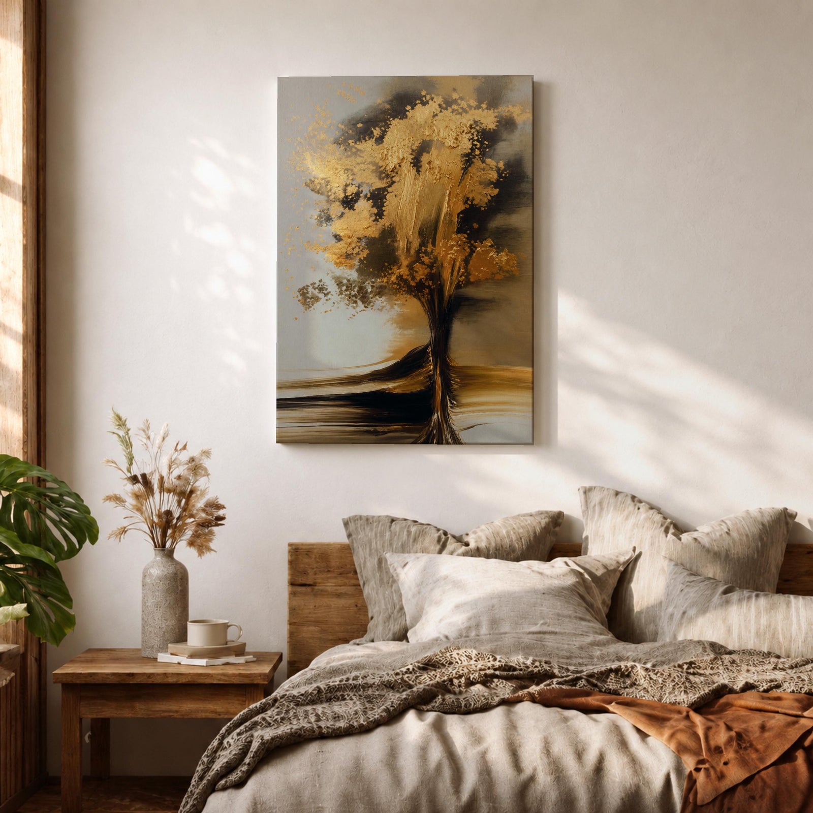 Sophisticated Tree of Life wall art featuring a radiant tree with shimmering golden leaves and flowing branches against a soft neutral background. Abstract spiritual artwork with rich gold accents, elegant textures, and symbolic themes of growth, abundance, wisdom, and renewal for modern home decor.
