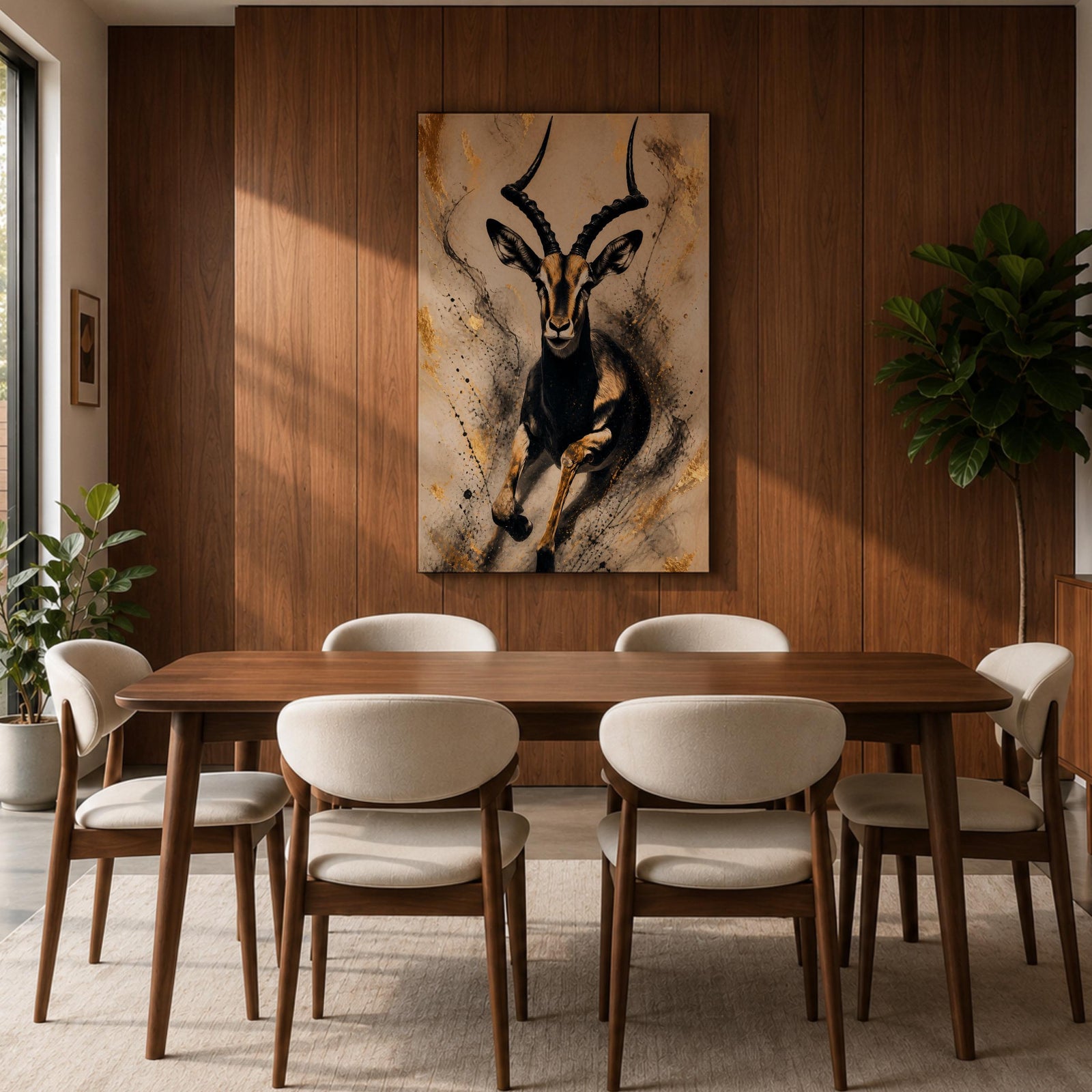 Striking gazelle wall art featuring a graceful antelope in motion with elegant curved horns against a contemporary abstract background. Wildlife artwork with dramatic black and gold tones, expressive splatter details, and luxurious gold accents, perfect for modern, safari, and nature-inspired interiors.