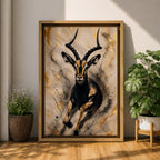 Striking gazelle wall art featuring a graceful antelope in motion with elegant curved horns against a contemporary abstract background. Wildlife artwork with dramatic black and gold tones, expressive splatter details, and luxurious gold accents, perfect for modern, safari, and nature-inspired interiors.