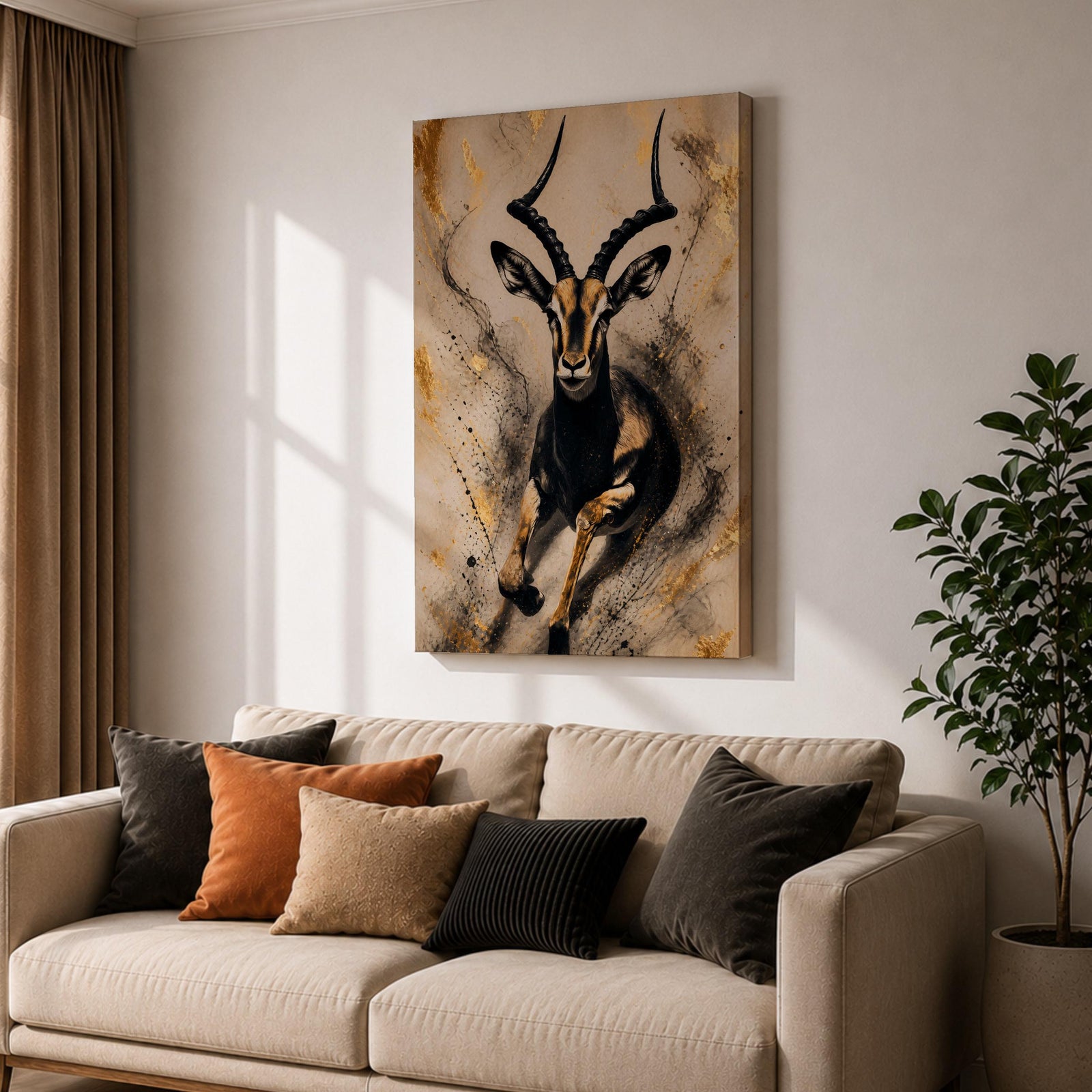 Striking gazelle wall art featuring a graceful antelope in motion with elegant curved horns against a contemporary abstract background. Wildlife artwork with dramatic black and gold tones, expressive splatter details, and luxurious gold accents, perfect for modern, safari, and nature-inspired interiors.