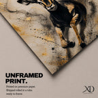Striking gazelle wall art featuring a graceful antelope in motion with elegant curved horns against a contemporary abstract background. Wildlife artwork with dramatic black and gold tones, expressive splatter details, and luxurious gold accents, perfect for modern, safari, and nature-inspired interiors.