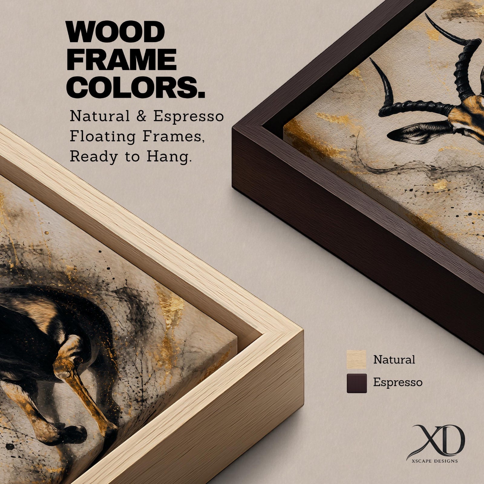 Striking gazelle wall art featuring a graceful antelope in motion with elegant curved horns against a contemporary abstract background. Wildlife artwork with dramatic black and gold tones, expressive splatter details, and luxurious gold accents, perfect for modern, safari, and nature-inspired interiors.