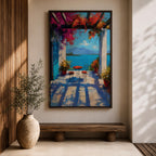 Vibrant Mediterranean patio wall art featuring a sunlit terrace with colorful bougainvillea, a café table and chairs, and a breathtaking blue lake view framed by white columns. Impressionist coastal artwork with rich colors, relaxing vacation ambiance, and European seaside charm.