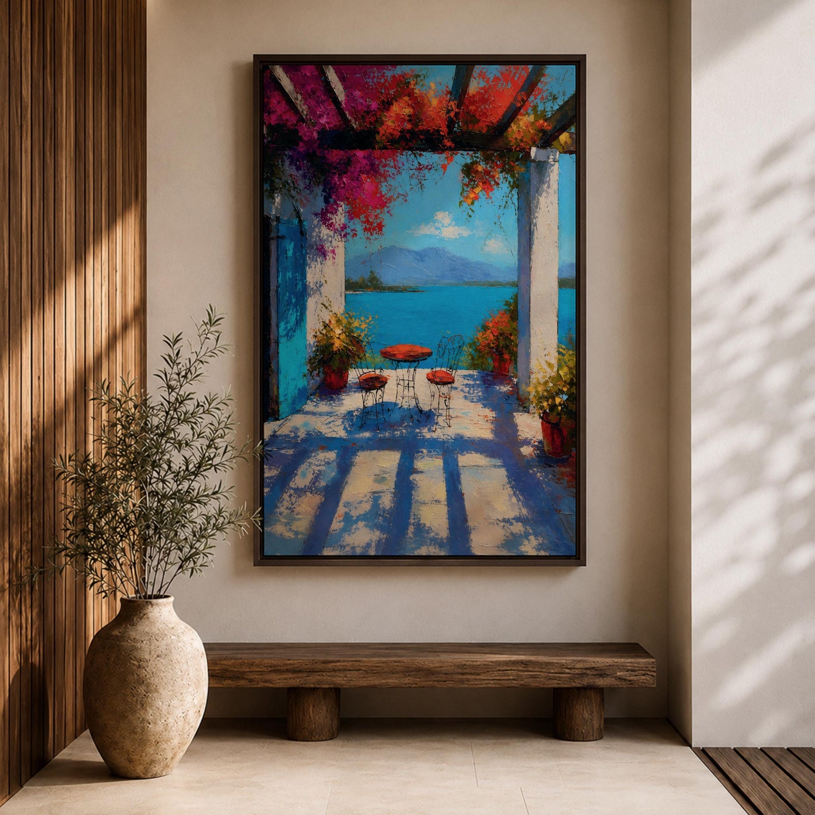 Vibrant Mediterranean patio wall art featuring a sunlit terrace with colorful bougainvillea, a café table and chairs, and a breathtaking blue lake view framed by white columns. Impressionist coastal artwork with rich colors, relaxing vacation ambiance, and European seaside charm.
