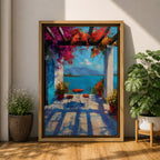 Vibrant Mediterranean patio wall art featuring a sunlit terrace with colorful bougainvillea, a café table and chairs, and a breathtaking blue lake view framed by white columns. Impressionist coastal artwork with rich colors, relaxing vacation ambiance, and European seaside charm.