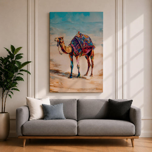 Bring vibrant desert charm into your home with this Camel Wall Art, featuring a beautifully adorned camel draped in colorful bohemian textiles against a serene desert landscape. This eye-catching canvas print blends rich jewel tones with contemporary painterly style, making it a striking focal point for living rooms, bedrooms, or boho-inspired spaces.