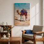Bring vibrant desert charm into your home with this Camel Wall Art, featuring a beautifully adorned camel draped in colorful bohemian textiles against a serene desert landscape. This eye-catching canvas print blends rich jewel tones with contemporary painterly style, making it a striking focal point for living rooms, bedrooms, or boho-inspired spaces.