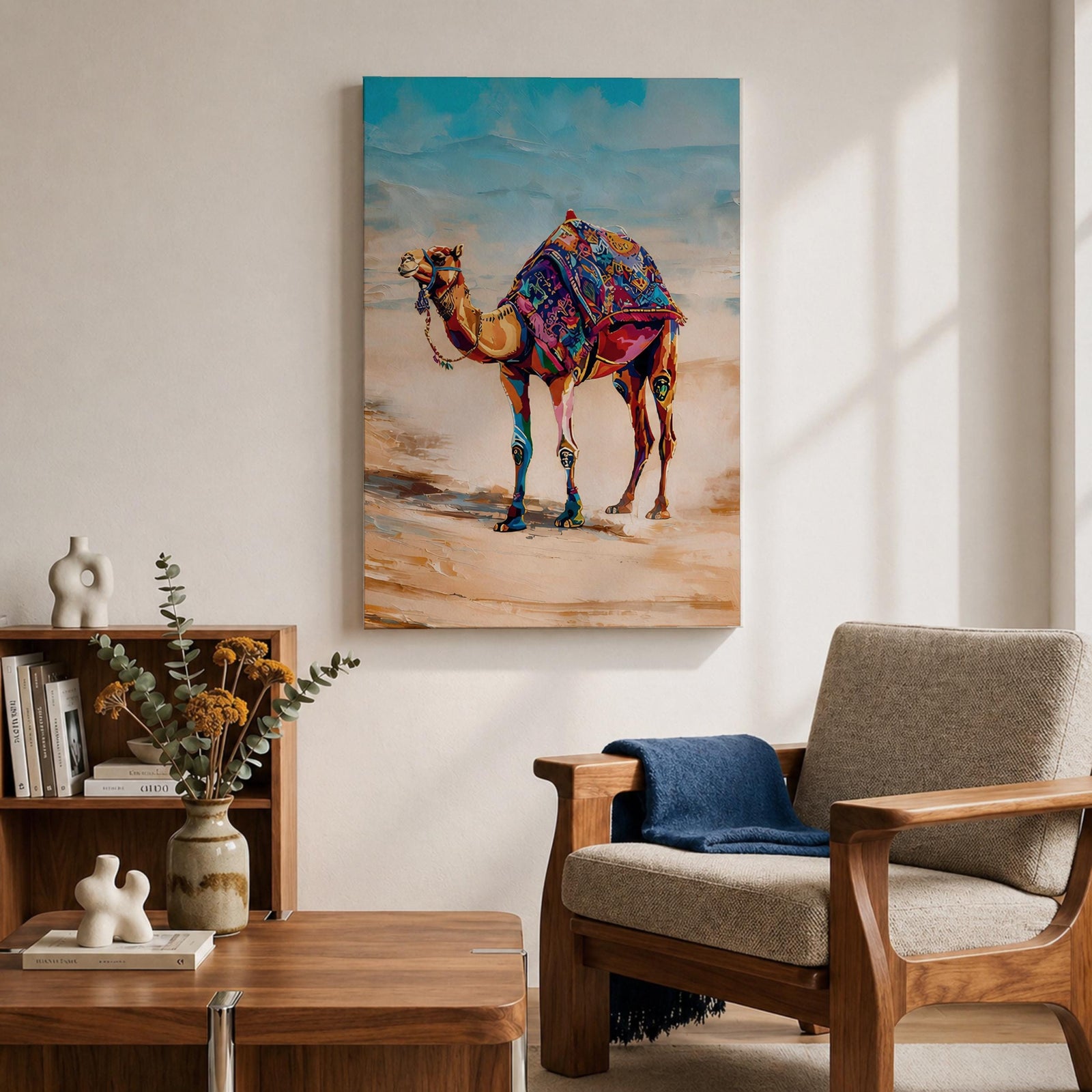 Bring vibrant desert charm into your home with this Camel Wall Art, featuring a beautifully adorned camel draped in colorful bohemian textiles against a serene desert landscape. This eye-catching canvas print blends rich jewel tones with contemporary painterly style, making it a striking focal point for living rooms, bedrooms, or boho-inspired spaces.