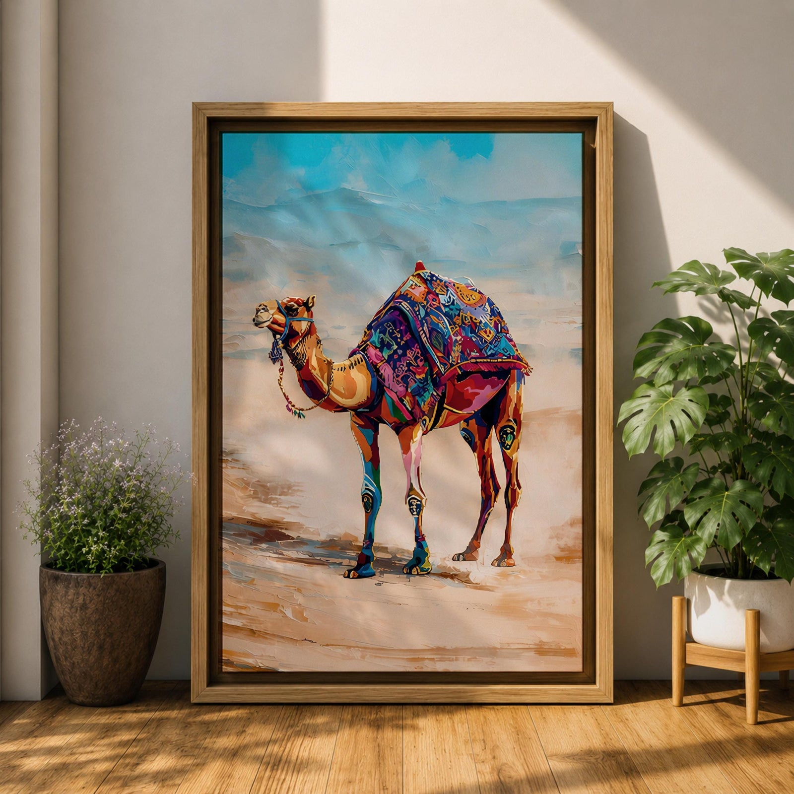 Bring vibrant desert charm into your home with this Camel Wall Art, featuring a beautifully adorned camel draped in colorful bohemian textiles against a serene desert landscape. This eye-catching canvas print blends rich jewel tones with contemporary painterly style, making it a striking focal point for living rooms, bedrooms, or boho-inspired spaces.